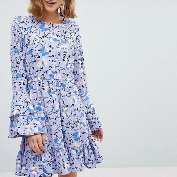 Vero Moda Dresses & Skirts - Vero Moda Soft Blue Floral Frill Sleeve Dress XS